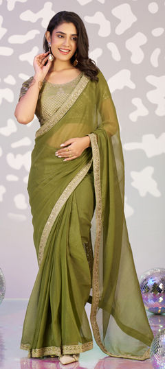 Green color Readymade Saree in Chiffon fabric with Embroidered, Thread work