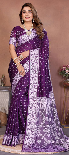 Purple and Violet color Saree in Viscose fabric with Bandhej, Printed, Weaving work