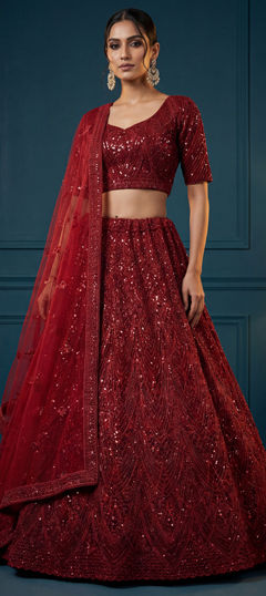 Red and Maroon color Lehenga in Net fabric with Embroidered, Sequence, Thread, Zircon work