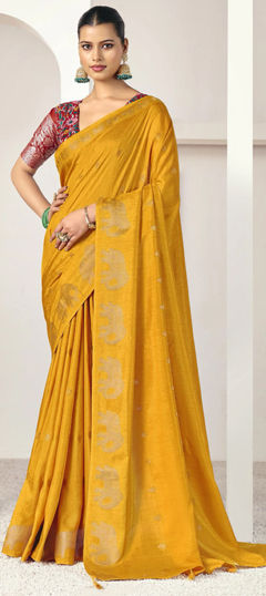 Yellow color Saree in Silk fabric with Weaving work