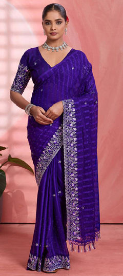 Purple and Violet color Saree in Faux Chiffon fabric with Embroidered, Thread work