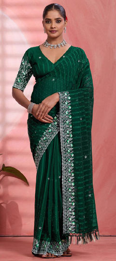 Green color Saree in Faux Chiffon fabric with Embroidered, Thread work