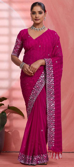 Pink and Majenta color Saree in Faux Chiffon fabric with Embroidered, Thread work