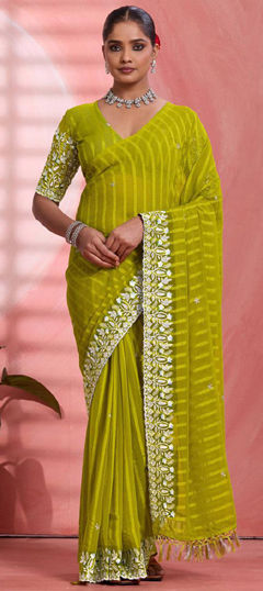 Green color Saree in Faux Chiffon fabric with Embroidered, Thread work