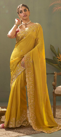 Yellow color Saree in Silk fabric with Embroidered, Sequence work