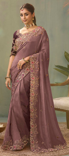 Purple and Violet color Saree in Silk fabric with Embroidered, Sequence work