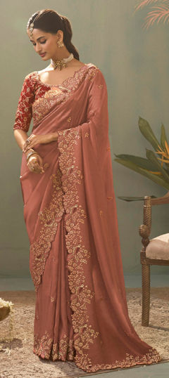 Beige and Brown color Saree in Silk fabric with Embroidered, Sequence work
