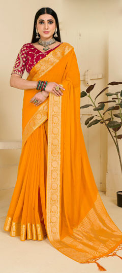 Yellow color Saree in Silk fabric with Weaving work