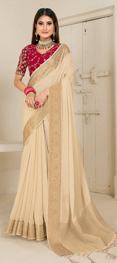 White and Off White color Saree in Silk fabric with Weaving work