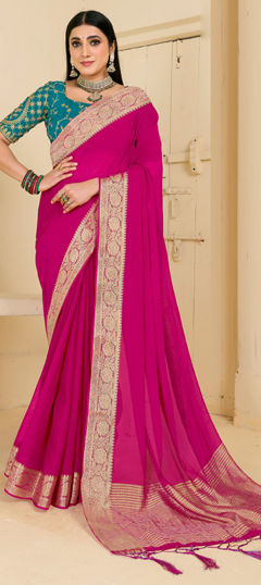 Pink and Majenta color Saree in Silk fabric with Weaving work