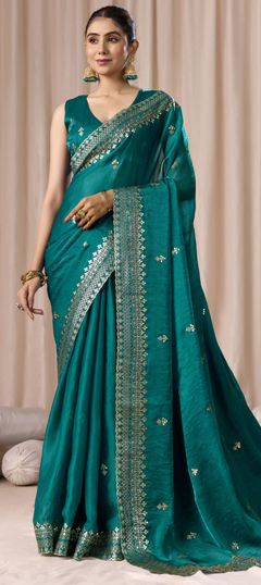 Blue color Saree in Chiffon fabric with Embroidered, Thread, Zari work