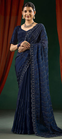 Black and Grey color Saree in Shimmer fabric with Cut Dana, Embroidered, Thread work