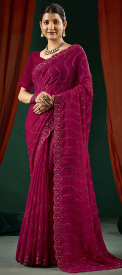 Blue color Saree in Shimmer fabric with Cut Dana, Embroidered, Thread work