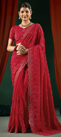 Pink and Majenta color Saree in Shimmer fabric with Cut Dana, Embroidered, Thread work