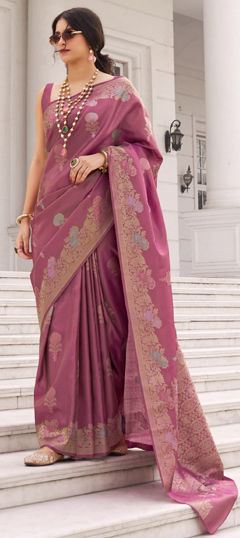 Pink and Majenta color Saree in Silk fabric with Weaving work