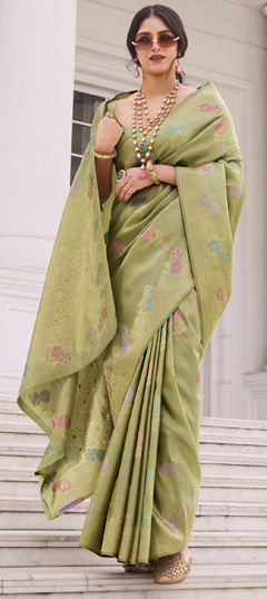 Green color Saree in Silk fabric with Weaving work