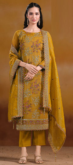 Yellow color Salwar Kameez in Chiffon, Organza Silk fabric with Embroidered, Resham, Thread, Zircon work