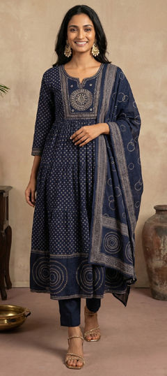 Blue color Salwar Kameez in Cotton fabric with Bugle Beads, Mirror, Printed, Sequence work