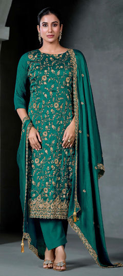 Green color Salwar Kameez in Chiffon fabric with Embroidered, Sequence, Thread work