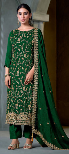 Green color Salwar Kameez in Chiffon fabric with Embroidered, Sequence, Thread work