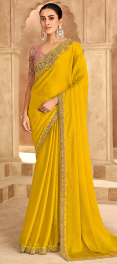 Yellow color Saree in Chiffon fabric with Embroidered, Sequence work