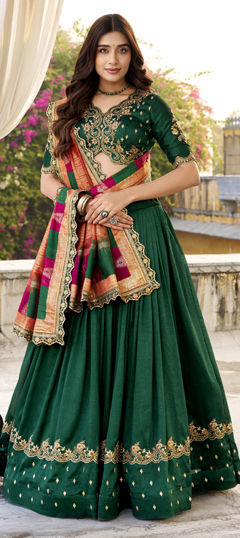 Green color Lehenga in Silk fabric with Embroidered, Sequence, Thread work
