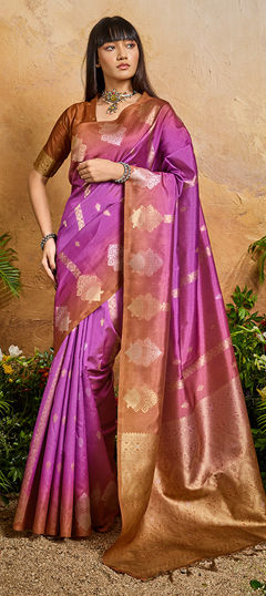 Pink and Majenta color Saree in Blended fabric with Weaving work