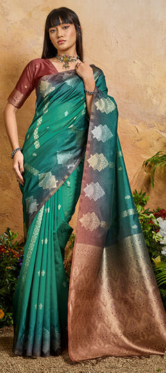 Green color Saree in Blended fabric with Weaving work