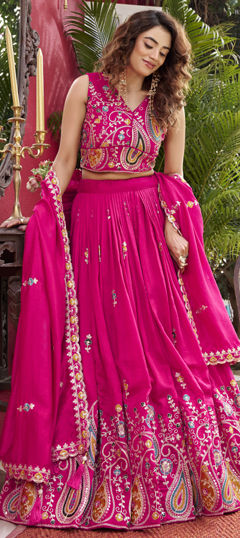 Pink and Majenta color Ready to Wear Lehenga in Silk fabric with Embroidered, Sequence, Thread work