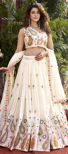 White and Off White color Ready to Wear Lehenga in Silk fabric with Embroidered, Sequence, Thread work