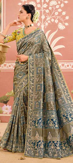 Blue color Readymade Saree in Silk fabric with Embroidered, Stone, Thread, Weaving work