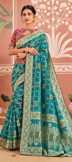 Blue color Readymade Saree in Silk fabric with Embroidered, Stone, Thread, Weaving work