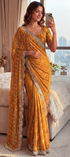 Yellow color Saree in Tissue fabric with Embroidered, Sequence, Thread work