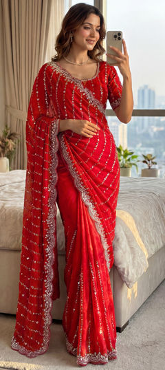 Red and Maroon color Saree in Tissue fabric with Embroidered, Sequence, Thread work