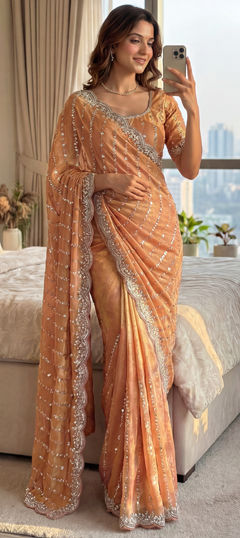 Pink and Majenta color Saree in Tissue fabric with Embroidered, Sequence, Thread work