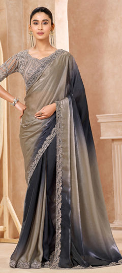 Beige and Brown, Black and Grey color Saree in Tissue fabric with Digital Print, Embroidered, Sequence work