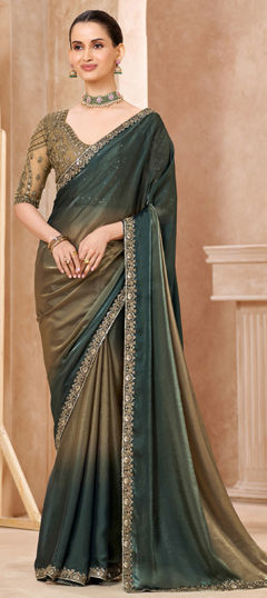 Green color Saree in Tissue fabric with Digital Print, Embroidered, Sequence work