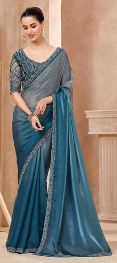Black and Grey, Blue color Saree in Tissue fabric with Digital Print, Embroidered, Sequence work
