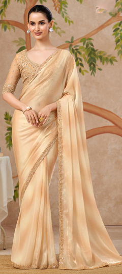 Beige and Brown color Saree in Tissue fabric with Digital Print, Embroidered, Sequence work