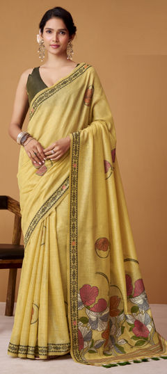 Yellow color Saree in Cotton fabric with Floral, Printed work