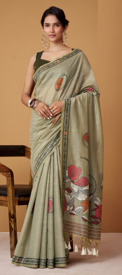 Green color Saree in Cotton fabric with Floral, Printed work