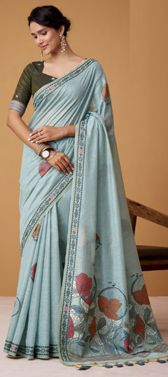 Blue color Saree in Cotton fabric with Floral, Printed work