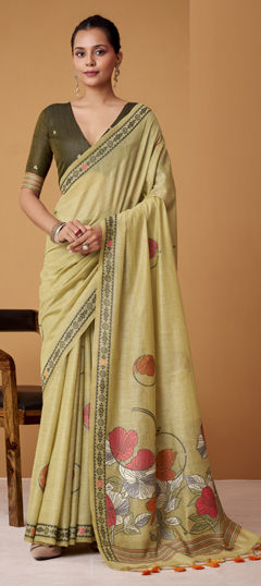 Green color Saree in Cotton fabric with Floral, Printed work