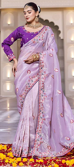 Purple and Violet color Saree in Silk fabric with Embroidered, Resham, Sequence, Thread work