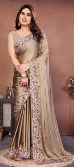 Beige and Brown color Saree in Crushed Silk fabric with Embroidered, Thread work