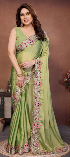Green color Saree in Crushed Silk fabric with Embroidered, Thread work