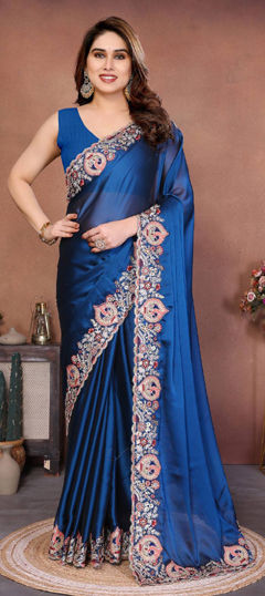 Blue color Saree in Crushed Silk fabric with Embroidered, Thread work