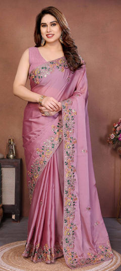 Pink and Majenta color Saree in Silk fabric with Embroidered, Thread work