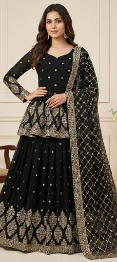 Black and Grey color Long Lehenga Choli in Faux Georgette fabric with Embroidered, Sequence, Thread work