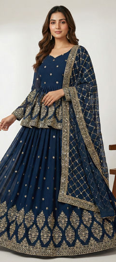 Blue color Long Lehenga Choli in Faux Georgette fabric with Embroidered, Sequence, Thread work